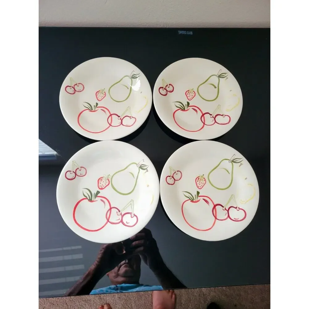 Vtg Whole Home Hand Painted Salad Dessert Plates Fashion Fruit Art Deco Set 4